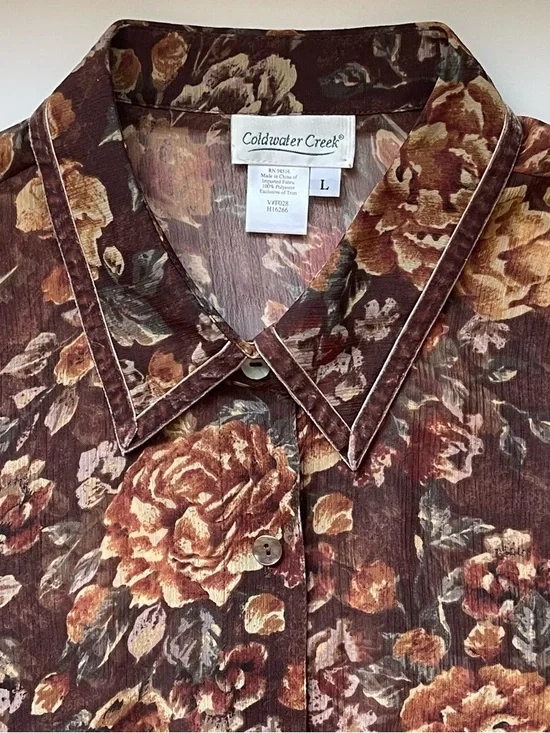 Vintage Coldwater Creek Floral Blouse - Velvet Trim & Sheer Fabric - Size Large - Picture 3 of 7